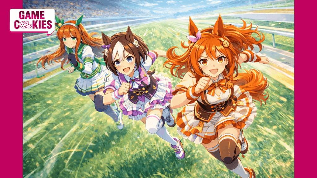 Anime-style illustration of Kiki, a fox-girl mascot with orange hair, racing alongside Umamusume characters Special Week and Silence Suzuka on a grassy racetrack.