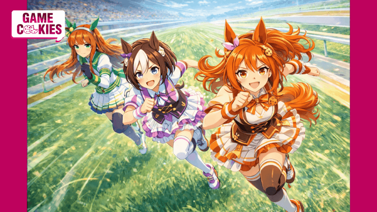 Anime-style illustration of Kiki, a fox-girl mascot with orange hair, racing alongside Umamusume characters Special Week and Silence Suzuka on a grassy racetrack.