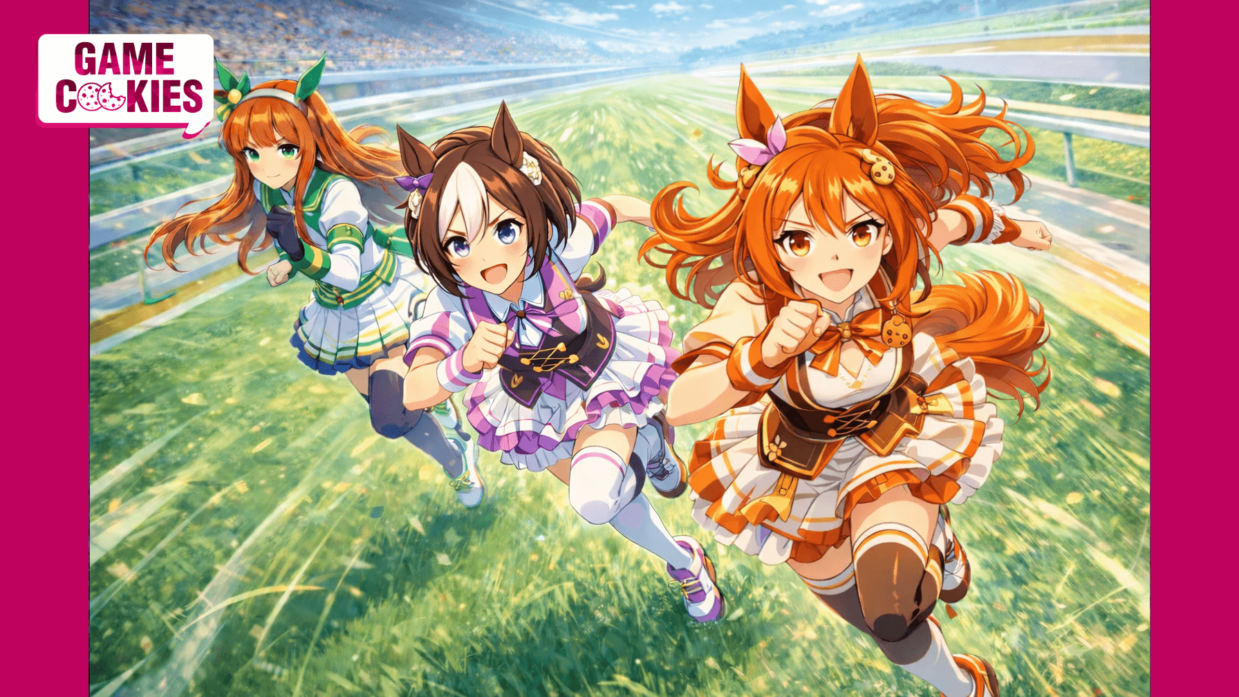 Anime-style illustration of Kiki, a fox-girl mascot with orange hair, racing alongside Umamusume characters Special Week and Silence Suzuka on a grassy racetrack.