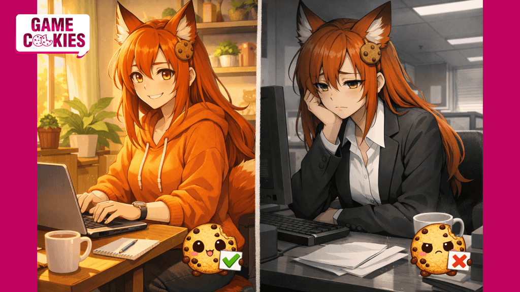 Split-screen anime illustration showing Kiki the fox-girl working happily from home on the left in a colorful, sunlit environment, contrasted with Kiki exhausted in a grey corporate office on the right.
