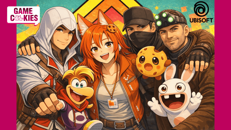 Kiki, the fox-girl mascot of Game Cookies, stands at the center of a group hug with Ubisoft characters Ezio Auditore, Aiden Pearce, Sam Fisher, Rayman, and a Rabbid, while Chip the floating cookie companion hovers beside her in a colorful anime-style illustration.
