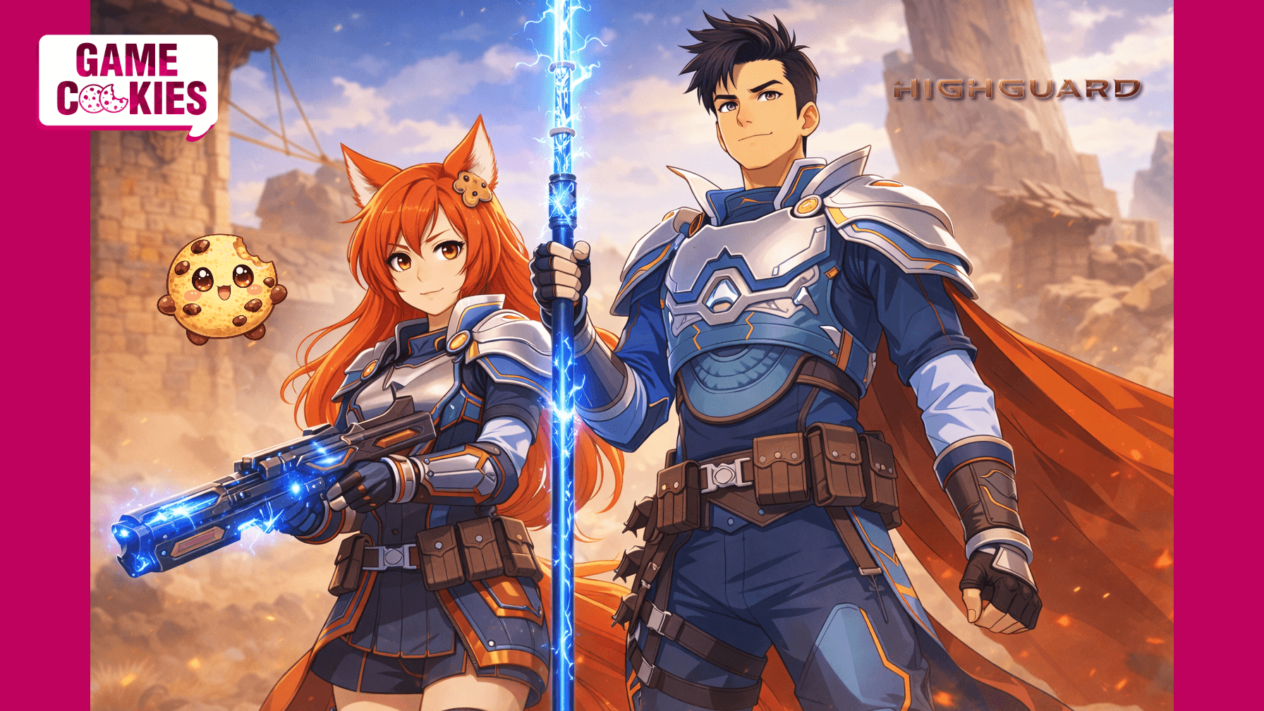 Kiki, an anthropomorphic fox woman with orange hair, races alongside the Highguard Warden in a fantasy battlefield while Chip, her floating cookie companion, hovers nearby glowing softly, all rendered in a colorful anime-style illustration.