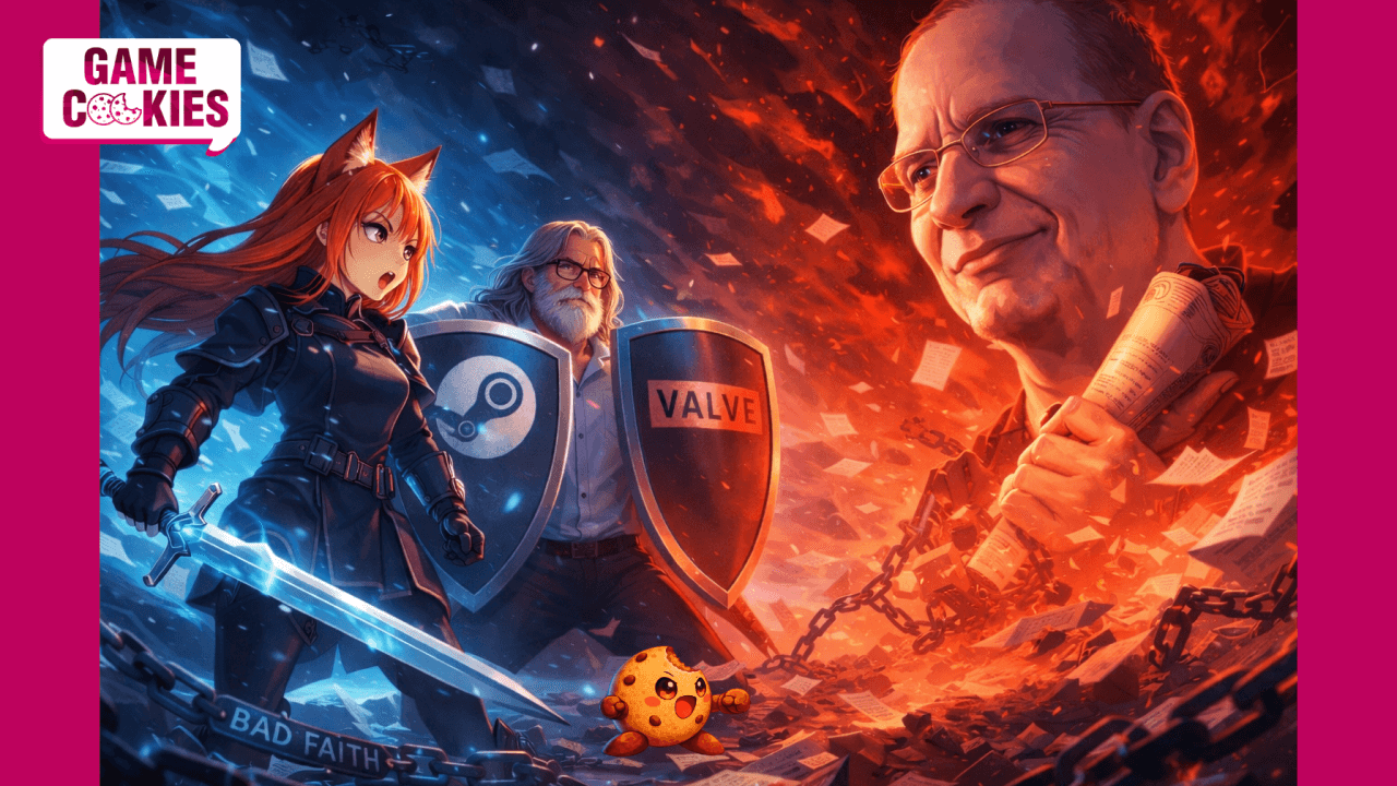 Anime-style fantasy illustration of Kiki the fox girl standing beside Gabe Newell, both holding sword and shield in front of Valve and Steam logos, facing a giant villainous head representing a patent troll in a dramatic battle scene.