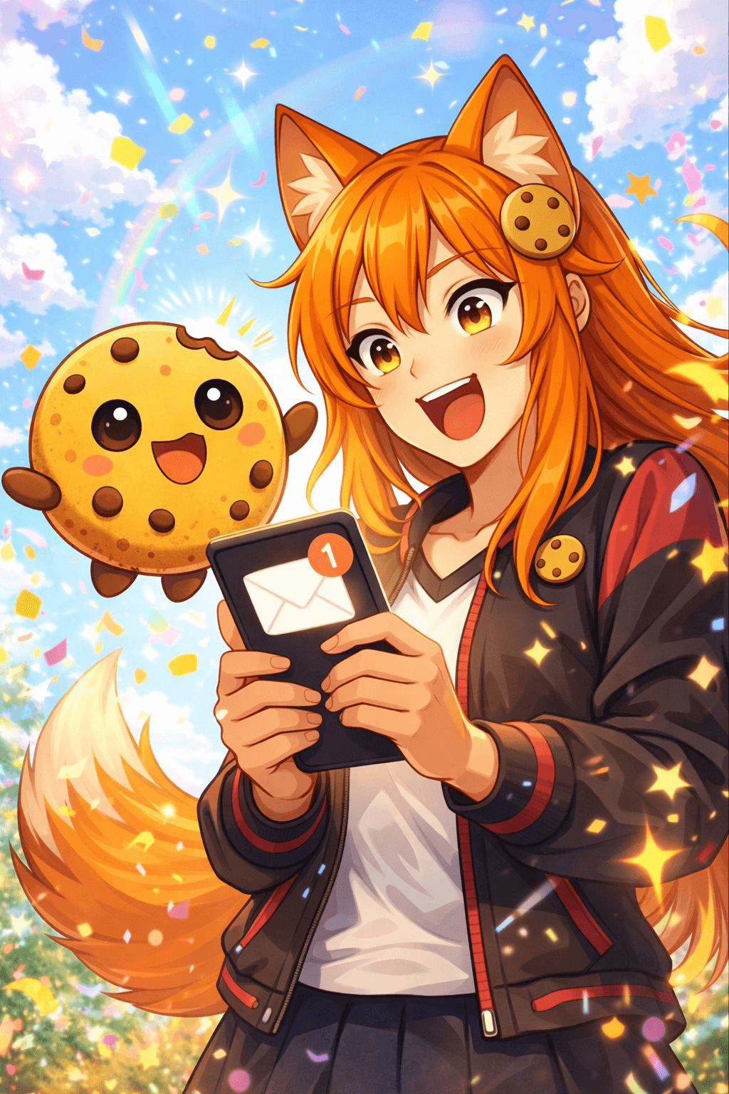 Portrait anime-style illustration of Kiki, an orange-haired fox girl, smiling excitedly while holding a smartphone with a new message notification, with Chip the kawaii cookie mascot celebrating beside her against a colorful confetti background.