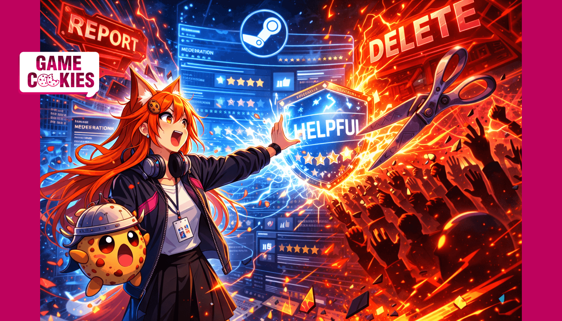 Anime-style scene of Kiki in a black bomber jacket and skirt blocking a giant red DELETE stamp and metal scissors from cutting Steam reviews, while a glowing blue HELPFUL shield forms in front of her and Chip floats nearby in a helmet, shocked.