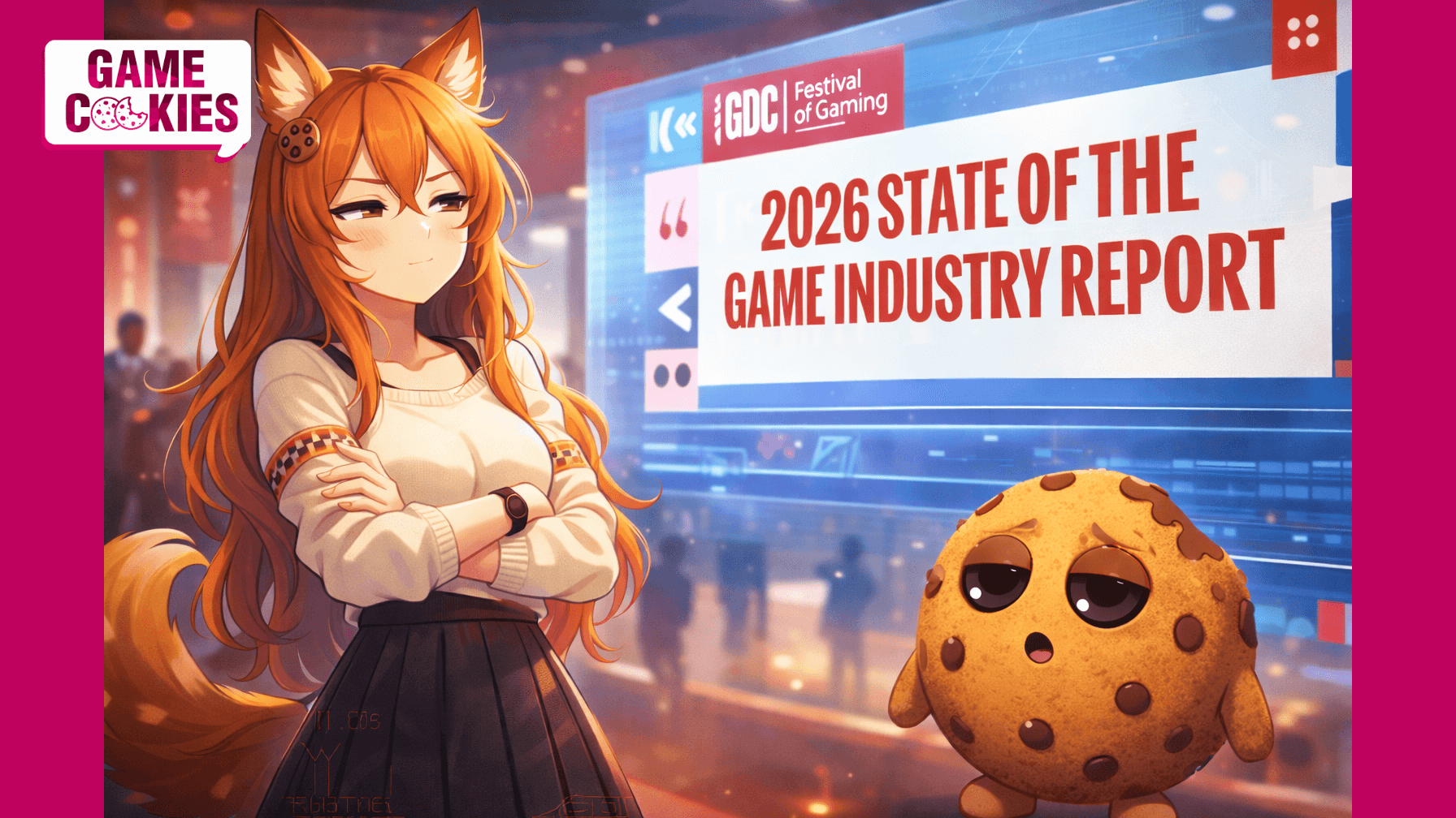 Kiki, an orange-haired fox woman with folded arms and an unimpressed expression, stands beside Chip, a round chocolate chip cookie with dark plush-style eyes and tiny limbs, both reacting skeptically to a large holographic display reading â2026 State of the Game Industry Reportâ at a GDC convention setting.