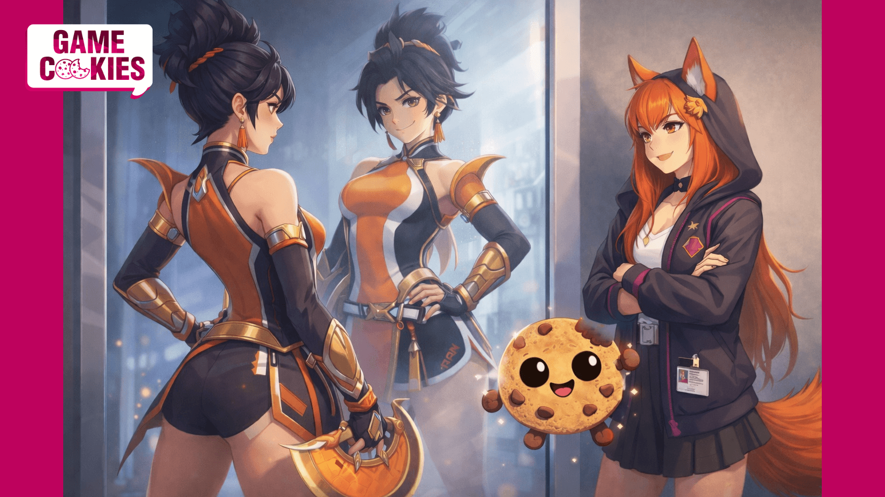 Anran stands in front of a mirror, studying a fiercer reflection of herself, while Kiki the fox-girl smiles approvingly and Chip, a floating cookie companion, hovers nearby with a cheerful expression.