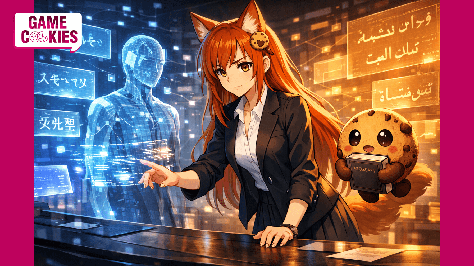 High-detail anime illustration of Kiki, a fox-eared woman with long orange-red hair and amber eyes, standing confidently in a futuristic localization control room with glowing multilingual holographic text streams and AI interface panels, while her floating cookie companion Chip hovers beside her holding a glowing glossary tablet.