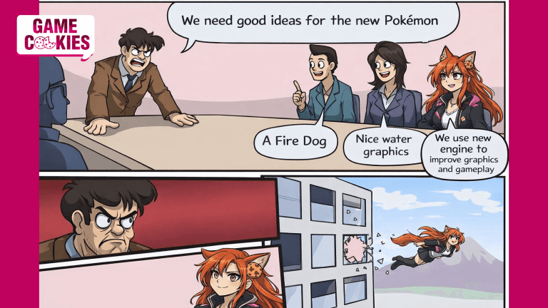 Four-panel boardroom meme in landscape format. In the top section, a boss says “We need good ideas for the new Pokémon.” Three team members respond: “A Fire Dog,” “Nice water graphics,” and Kiki says “We use a new engine to improve graphics and gameplay.” In the lower left, the boss angrily stares at Kiki. In the lower right, Kiki is thrown out of a window while the others remain seated.