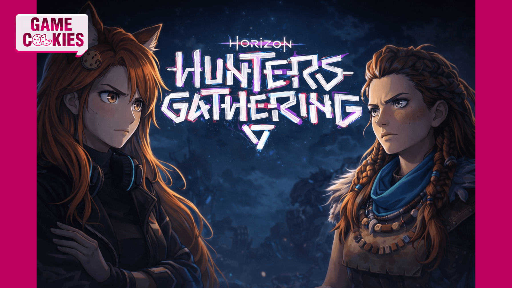 Anime-style illustration of Kiki and Aloy standing face-to-face under the glowing “Horizon Hunters Gathering” logo, both looking serious and concerned against a dark, machine-filled night background.