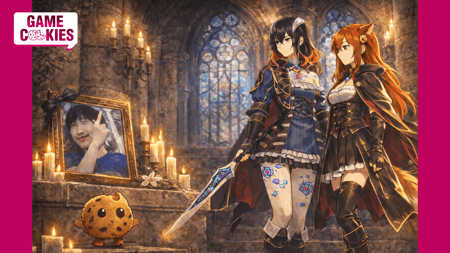 Anime-style tribute illustration inside a gothic cathedral featuring a Bloodstained-inspired heroine and Kiki in a Castlevania-inspired outfit standing solemnly before a framed photo of Shutaro Iida, with Chip the cookie respectfully floating nearby.
