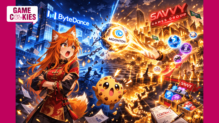 Anime-style illustration of Kiki and Chip reacting in surprise as a glowing Moonton orb is pulled from a blue ByteDance cityscape toward a golden Savvy Games Group skyline, symbolizing the acquisition deal.