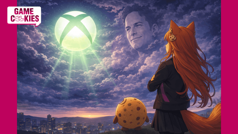 Kiki, an orange-haired fox girl in a black jacket and skirt, stands on a hill overlooking a futuristic city at dusk while a glowing Xbox logo shines like a green sun in the sky. Beside her, Chip the plush cookie is shown from behind, staring upward at a giant cloud-formed face resembling Phil Spencer watching over the scene.