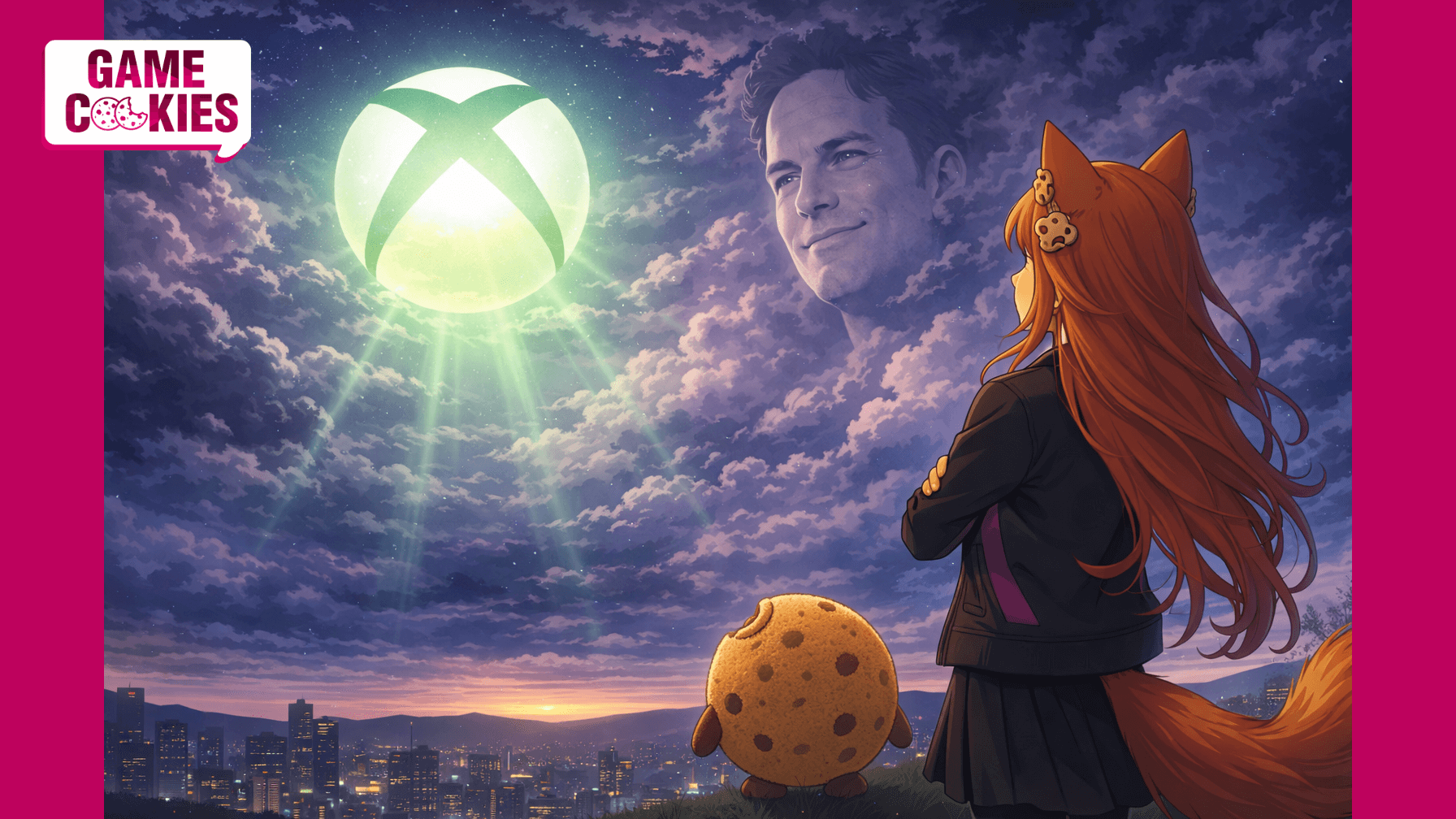 Kiki, an orange-haired fox girl in a black jacket and skirt, stands on a hill overlooking a futuristic city at dusk while a glowing Xbox logo shines like a green sun in the sky. Beside her, Chip the plush cookie is shown from behind, staring upward at a giant cloud-formed face resembling Phil Spencer watching over the scene.