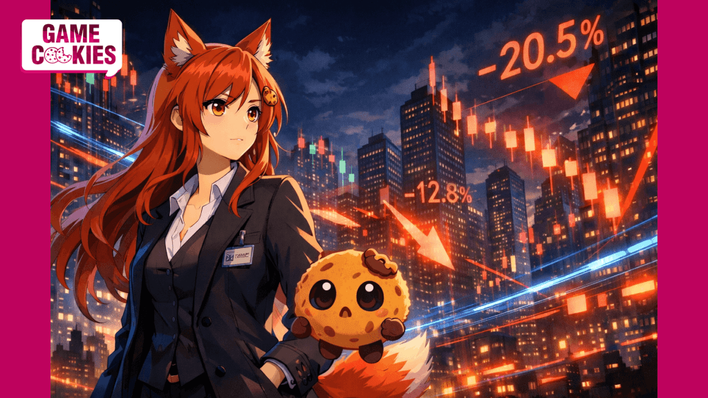 Anime-style illustration of Kiki, a fox journalist, and Chip, a cartoon cookie companion, standing in a stylized Wall Street at night surrounded by falling stock market numbers and glowing financial charts.