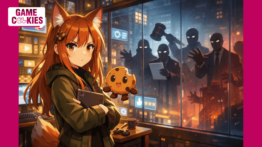 Anime-style illustration of Kiki, a fox journalist, standing protectively inside a glowing digital game library with Chip, her floating cookie companion with small brown arms and legs, while shadowy figures press against the glass outside.