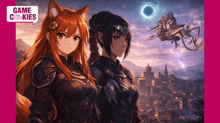 Anime-style illustration of Kiki, a fox-girl journalist, standing beside Shadowheart from Baldurâs Gate 3 in a fantasy setting, with a mind flayer nautiloid ship flying ominously in the sky behind them.