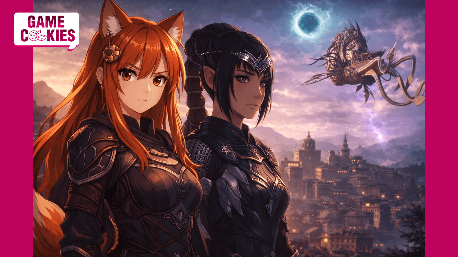 Anime-style illustration of Kiki, a fox-girl journalist, standing beside Shadowheart from Baldur’s Gate 3 in a fantasy setting, with a mind flayer nautiloid ship flying ominously in the sky behind them.