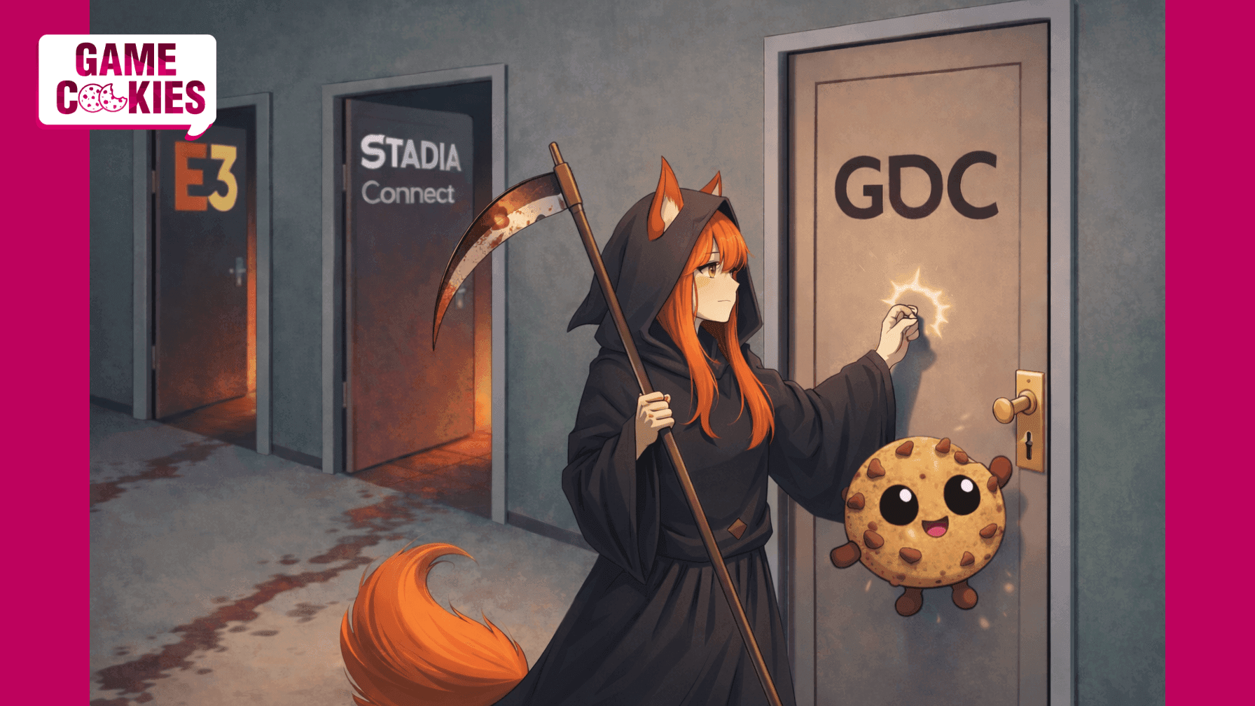 Kiki, the fox-girl mascot of Game Cookies dressed as a grim reaper, knocks on a door labeled GDC with a single-blade scythe, while her floating cookie companion Chip hovers beside her; open doors marked E3 and Stadia Connect glow ominously in the background.