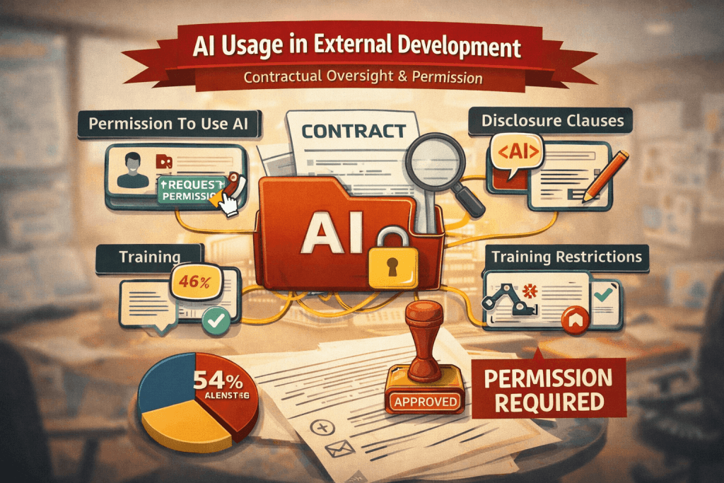 Infographic-style image about AI use in external development, showing contracts, disclosure clauses, permission requirements, training restrictions, and legal review around AI deployment.