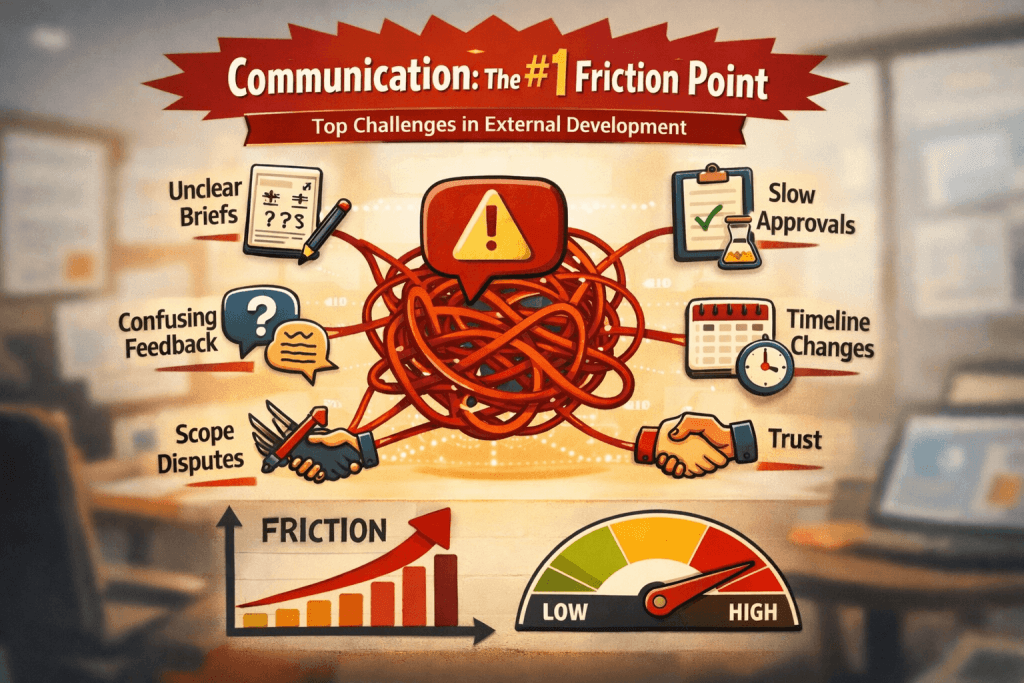 Infographic-style image showing communication as the top friction point in external development, with tangled red lines linking unclear briefs, confusing feedback, slow approvals, timeline changes, scope disputes, and declining trust.