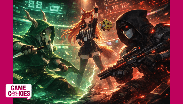 Kiki the fox-girl referee raises her hand between two fighters in a futuristic arena as the green hooded rogue from Slay the Spire 2 faces off against a red-visored Marathon soldier. Chip, the floating cookie mascot, nervously blows a whistle while cards and neon sparks swirl around the standoff.