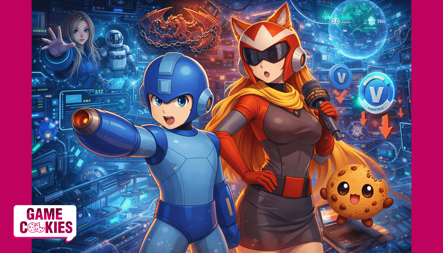 Mega Man and Kiki dressed as Proto Man hold microphones while standing in a futuristic game development control room filled with holographic screens, a dragon emblem in chains, V-Bucks symbols dropping in value, and a Pragmata astronaut scene in the background while Chip the cookie mascot reacts to breaking gaming industry news.