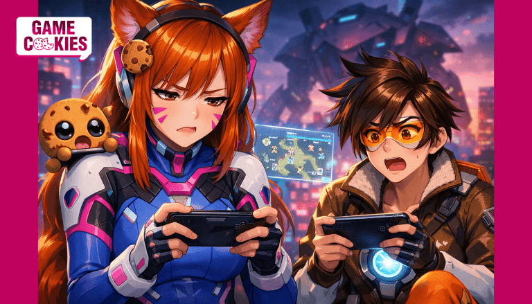 High-production anime key visual of Kiki cosplaying D.Va from Overwatch and Tracer sitting side by side at dusk, both holding smartphones with disgusted expressions. Kiki’s long orange-red hair, fox ears, cookie hairpin, and D.Va-inspired blue-pink bodysuit are clearly visible. Tracer wears her brown jacket and orange leggings with her chronal accelerator glowing. Chip floats near Kiki’s shoulder, wide-eyed and horrified. A blurred mech silhouette and neon city skyline glow in the background.