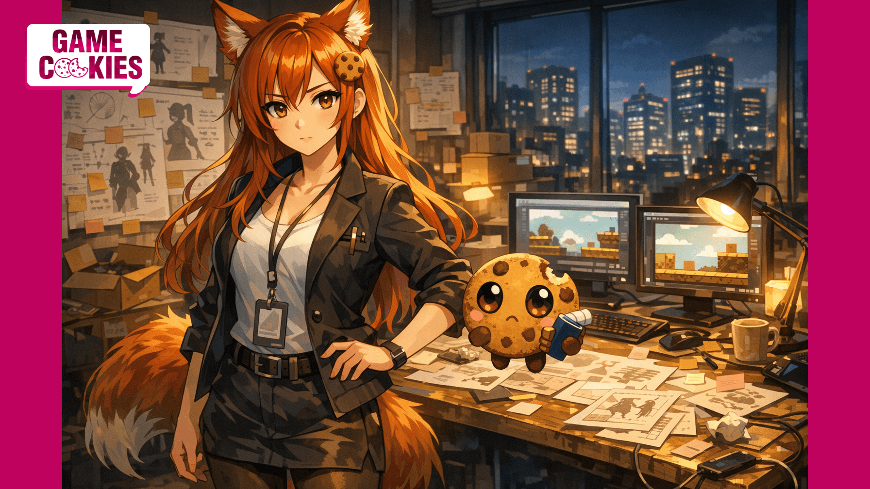 Kiki, the Game Cookies fox-girl mascot, stands inside a small indie game studio workspace at night surrounded by concept art, game prototypes, and sketches while Chip the floating cookie mascot holds a blueprint beside her.