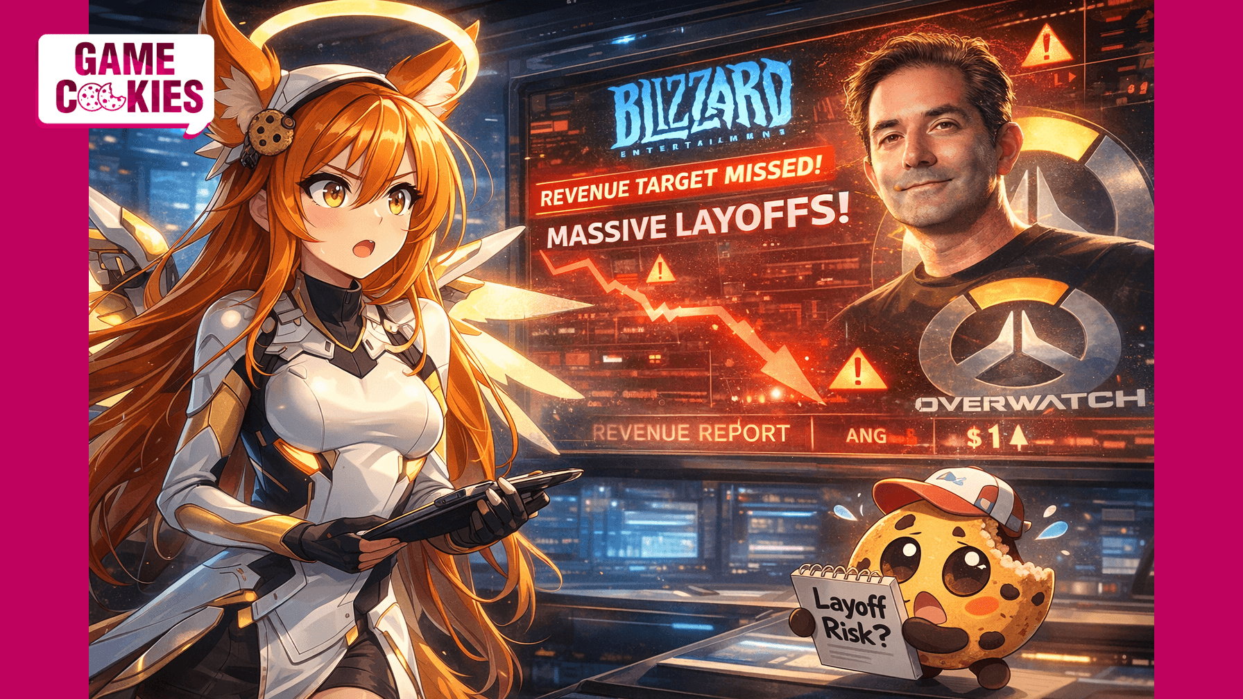 Anime-style illustration of Kiki, the fox-girl mascot of Game Cookies, wearing a healer-style sci-fi cosplay inspired by Overwatch while investigating Blizzard layoffs. Chip the cookie mascot looks worried while holding a notebook labeled “Layoff Risk?” as a screen behind them shows Blizzard and Overwatch imagery with a falling revenue graph and Jeff Kaplan’s portrait.