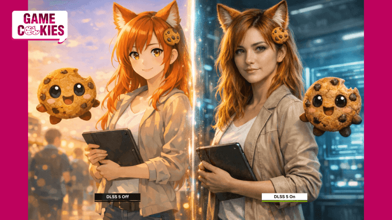 Split image comparing DLSS 5 off and on: anime-style Kiki and Chip on the left, and a photorealistic version on the right with enhanced lighting and detail.