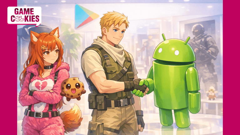 Anime-style illustration of Jonesy from Fortnite shaking hands with the Android robot while Kiki, dressed in a pink Cuddle Team Leader-inspired outfit, watches beside Chip in a Google Play-themed expo setting.