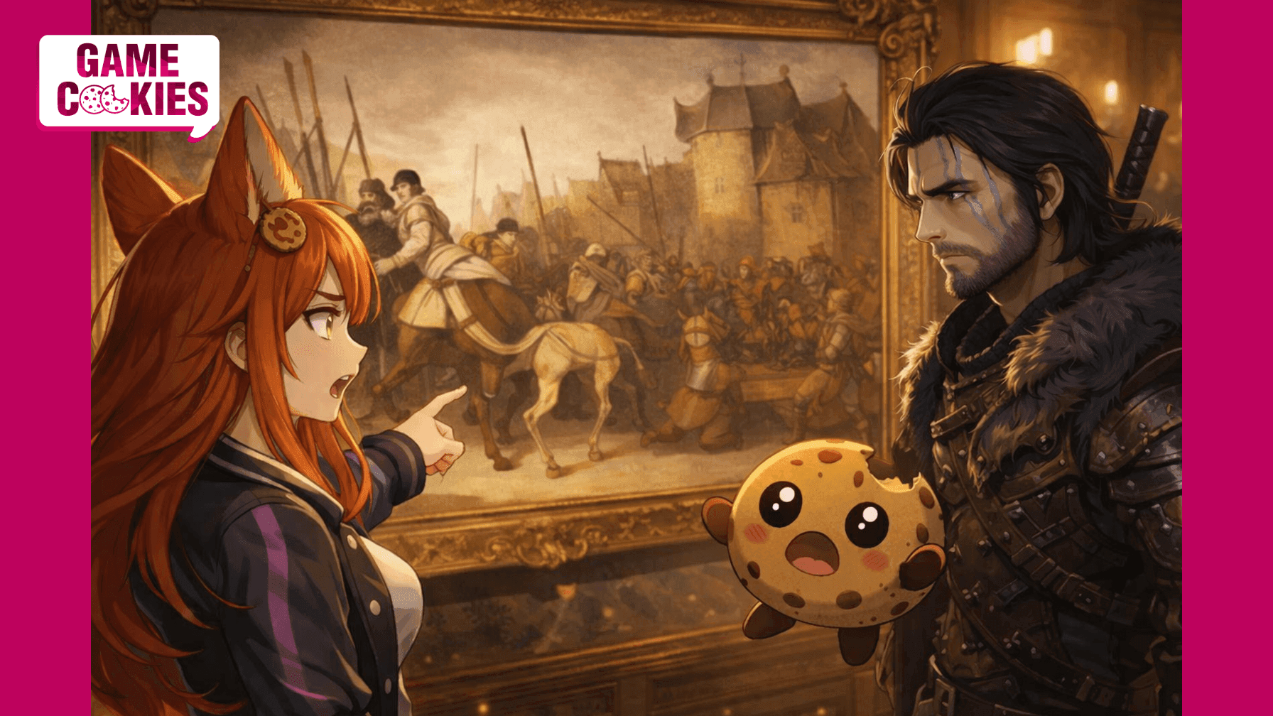 Kiki the fox girl and her floating cookie companion Chip examine a distorted medieval painting while a warrior resembling the Crimson Desert protagonist stands beside them, reacting to the AI art controversy.