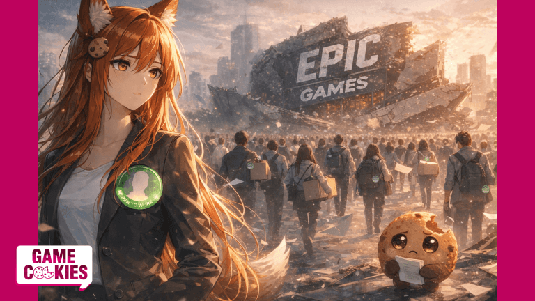 “An anime‑style illustration shows Kiki, a fox‑woman with long orange‑red hair, amber eyes, fox ears and tail, standing solemnly in the foreground. She wears a serious outfit with a large green ‘open to work’ circular badge pinned to her chest and looks toward a large crowd of laid‑off workers. Beside her floats Chip, a round chocolate‑chip‑cookie mascot with big eyes, a visible bite taken from the top right edge and tiny arms and legs; he holds a small résumé. Behind them, hundreds of people carrying boxes, bags and laptops walk away from a damaged, cracked corporate monument that resembles a giant game‑company logo, with broken panels and debris littering the area. The sky is painted with warm sunset colors, and loose papers drift through the air, creating a poignant, mournful scene.”