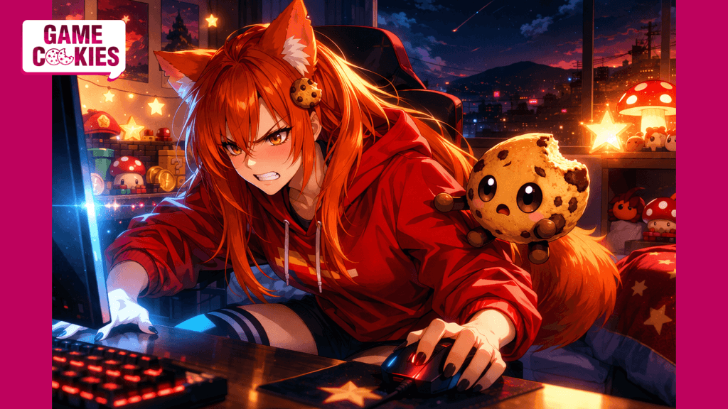 Kiki, an orange-haired fox girl in a red gamer hoodie, leans angrily toward her PC in a glowing bedroom filled with star-shaped lights and platformer-inspired decor, while Chip, her floating cookie companion with a large bite mark on the upper-right edge, hovers beside her with a worried expression.