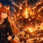 Kiki, the orange-red-haired fox mascot of Game Cookies, stands calmly in the foreground while Chip, her floating cookie companion with a bite removed from the upper-right edge, looks worried as a giant golden crown-throne collapses behind them in a fiery ruined landscape.