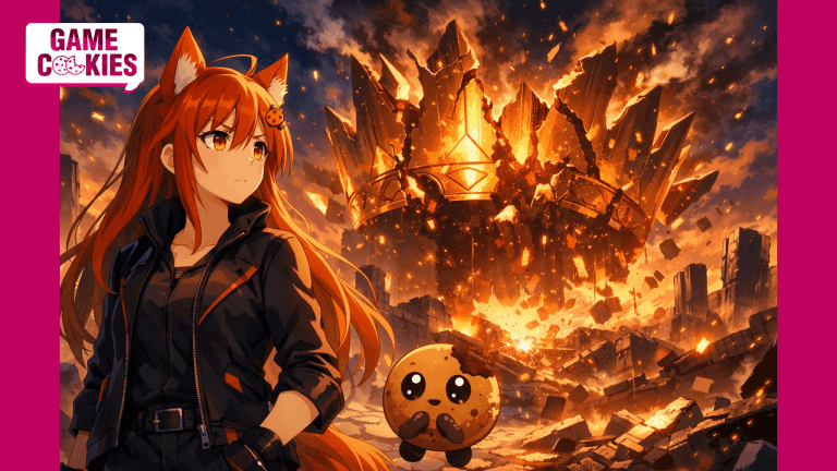 Kiki, the orange-red-haired fox mascot of Game Cookies, stands calmly in the foreground while Chip, her floating cookie companion with a bite removed from the upper-right edge, looks worried as a giant golden crown-throne collapses behind them in a fiery ruined landscape.