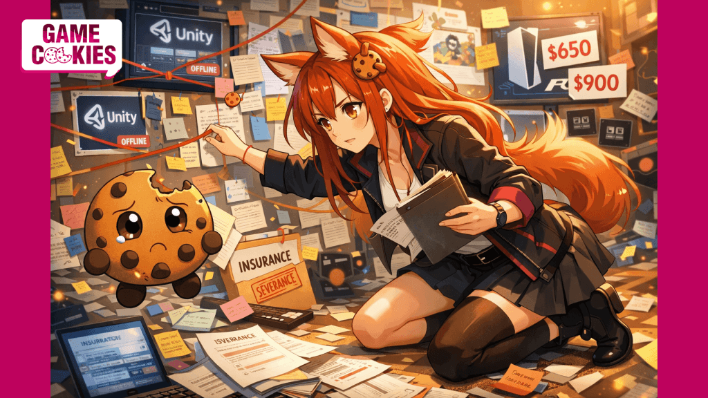 Kiki, the adult fox-girl mascot of Game Cookies, kneels on the floor connecting red string across a chaotic investigation board while Chip, her worried floating cookie sidekick, hovers beside her among papers, price tags, and gaming industry clues.