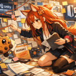 Kiki, the adult fox-girl mascot of Game Cookies, kneels on the floor connecting red string across a chaotic investigation board while Chip, her worried floating cookie sidekick, hovers beside her among papers, price tags, and gaming industry clues.