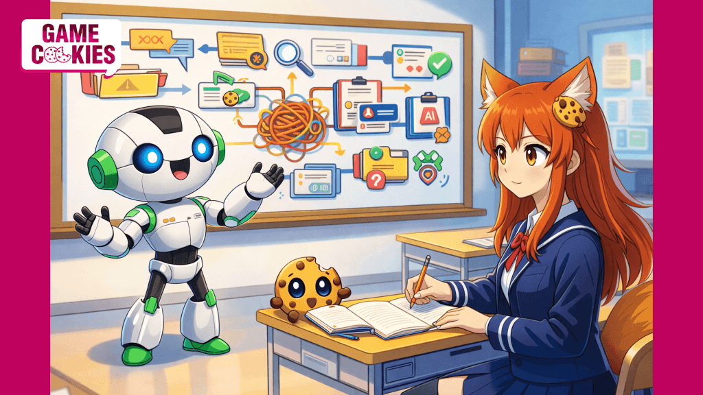 XDS robot mascot teaching Kiki and Chip in a classroom, with Kiki in a Japanese school uniform taking notes and Chip reacting beside her as a board shows external development and AI workflow icons.