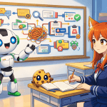 XDS robot mascot teaching Kiki and Chip in a classroom, with Kiki in a Japanese school uniform taking notes and Chip reacting beside her as a board shows external development and AI workflow icons.