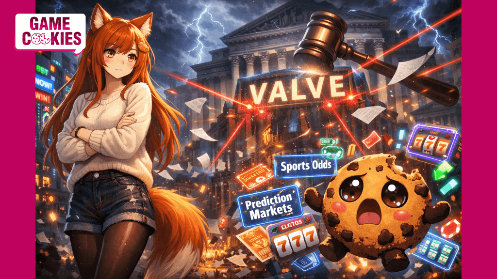Kiki, a fox-eared anime woman with long orange-red hair and a cookie hairpin, stands with arms crossed in a stormy futuristic city while a giant glowing gavel strikes a towering Valve logo in front of a U.S. courthouse. Beside her, Chip, a round chocolate chip cookie character with a bite mark and large glossy eyes, floats in panic as holographic betting ads, slot icons, and prediction market signs swirl chaotically around him.