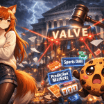Kiki, a fox-eared anime woman with long orange-red hair and a cookie hairpin, stands with arms crossed in a stormy futuristic city while a giant glowing gavel strikes a towering Valve logo in front of a U.S. courthouse. Beside her, Chip, a round chocolate chip cookie character with a bite mark and large glossy eyes, floats in panic as holographic betting ads, slot icons, and prediction market signs swirl chaotically around him.