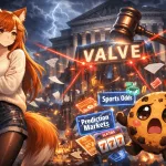 Kiki, a fox-eared anime woman with long orange-red hair and a cookie hairpin, stands with arms crossed in a stormy futuristic city while a giant glowing gavel strikes a towering Valve logo in front of a U.S. courthouse. Beside her, Chip, a round chocolate chip cookie character with a bite mark and large glossy eyes, floats in panic as holographic betting ads, slot icons, and prediction market signs swirl chaotically around him.