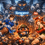 Anime-style battle scene where Chun-Li and Kiki dressed as Cammy face a giant Tencent robot looming over a futuristic gaming city while Chip the cookie mascot panics with a tablet showing gaming news alerts.