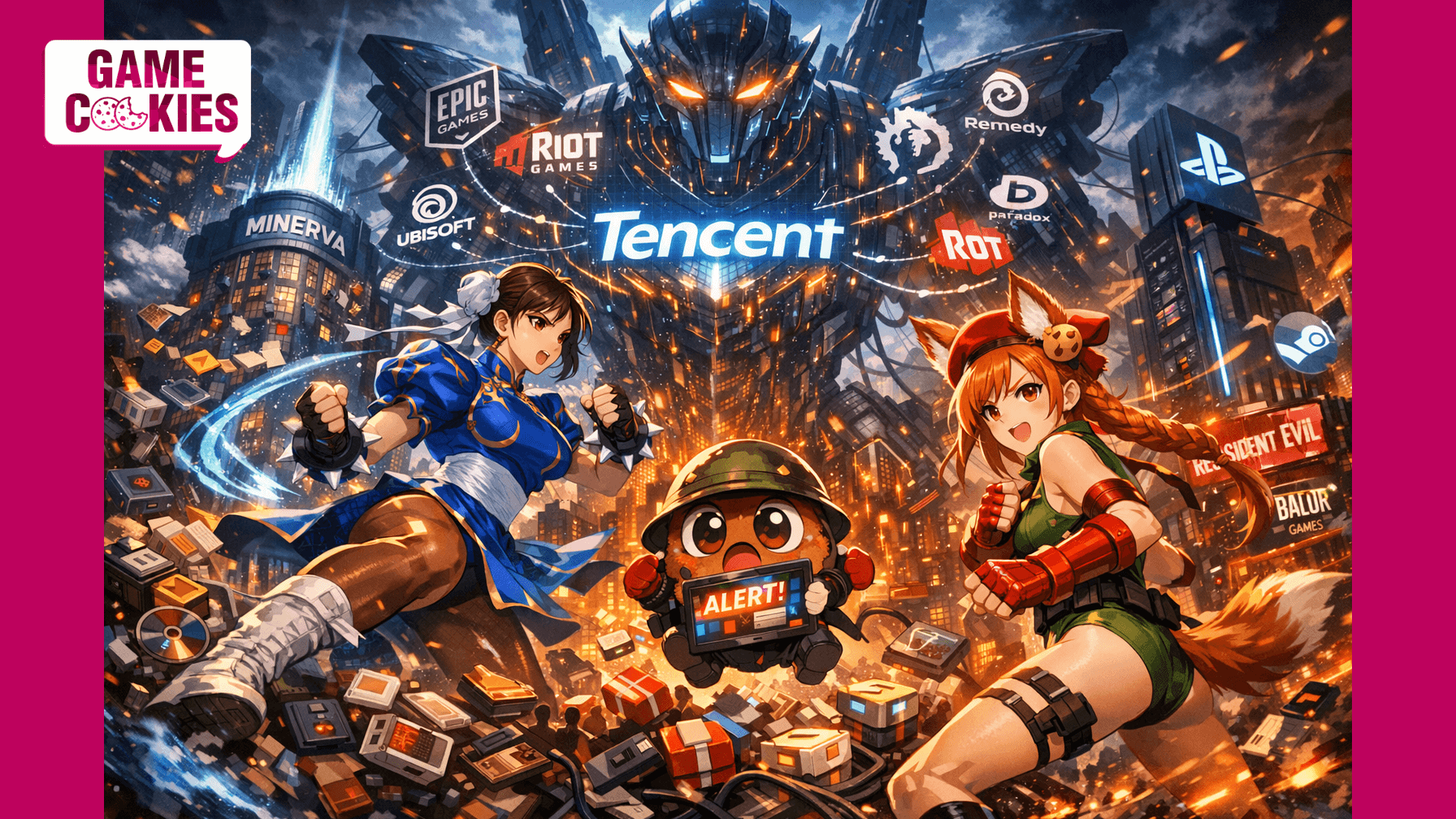 Anime-style battle scene where Chun-Li and Kiki dressed as Cammy face a giant Tencent robot looming over a futuristic gaming city while Chip the cookie mascot panics with a tablet showing gaming news alerts.