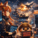 Anime-style scene where Kiki, the orange-haired fox-girl reporter, analyzes a chaotic digital battlefield while Chip, a floating chocolate-chip cookie wearing a military helmet, panics and holds a tablet reading “Simulation Detected.” Explosions, holographic UI elements, and gaming references fill the futuristic city background.