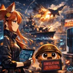 Anime-style scene where Kiki, the orange-haired fox-girl reporter, analyzes a chaotic digital battlefield while Chip, a floating chocolate-chip cookie wearing a military helmet, panics and holds a tablet reading “Simulation Detected.” Explosions, holographic UI elements, and gaming references fill the futuristic city background.