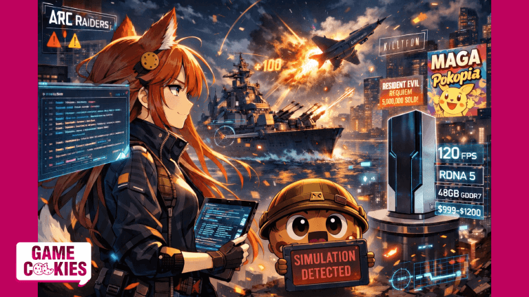 Anime-style scene where Kiki, the orange-haired fox-girl reporter, analyzes a chaotic digital battlefield while Chip, a floating chocolate-chip cookie wearing a military helmet, panics and holds a tablet reading “Simulation Detected.” Explosions, holographic UI elements, and gaming references fill the futuristic city background.