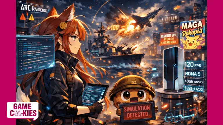 Anime-style scene where Kiki, the orange-haired fox-girl reporter, analyzes a chaotic digital battlefield while Chip, a floating chocolate-chip cookie wearing a military helmet, panics and holds a tablet reading “Simulation Detected.” Explosions, holographic UI elements, and gaming references fill the futuristic city background.